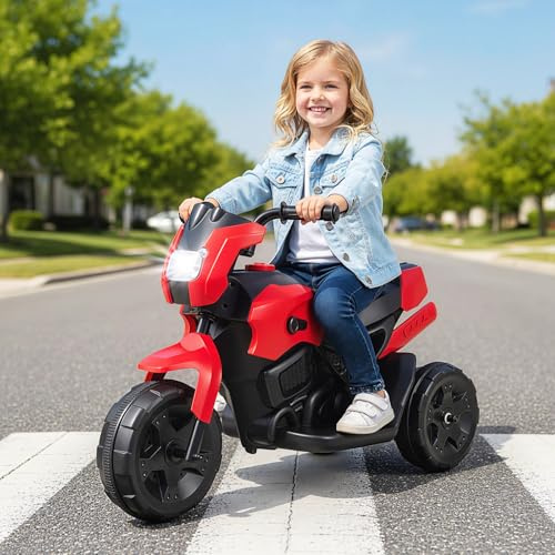 GOPLUS 6V Moto Électrique Enfants 3-6 Ans à 3 Roues, Voiture Electrique Enfant Phare LED, Pédale, Direction Limitée, 2-3 km/h pour Enfants Filles et Garçons, Charge 20KG (Rouge)