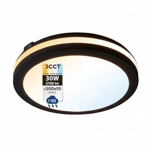 Horoz Electric Badezimmer LED Deckenleuchte Flach 30W Ø300mm 2700lm 3CCT 3000K/4000K/6400K IP65 Bad Deckenlampe Rund Wasserdicht - LED Deckenlampe Schwarz für Küche, Wohnzimmer, Flur & Balkon