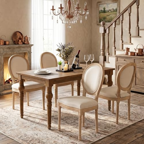 SoarFlash Französische Esszimmerstühle, 4er-Set, Retro-Stil, runde Lehne aus Leinen, Holzbeine, ländlich-kampagnardischer Look, geeignet für Küche und Schlafzimmer, Beige