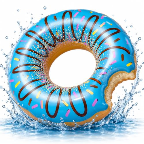 Uppblåsbar munk, simring, blå, Ø 120 cm med bett – simdäck, pool och vatten, med mugghållare för vuxna och barn (donutblå)