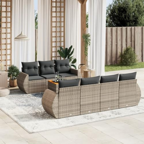 RCODSSK 8-TLG. Garten-Sofagarnitur mit Kissen Grau Poly Rattan Sofa Set für Terrasse und Garten mit Akazienholz Tisch