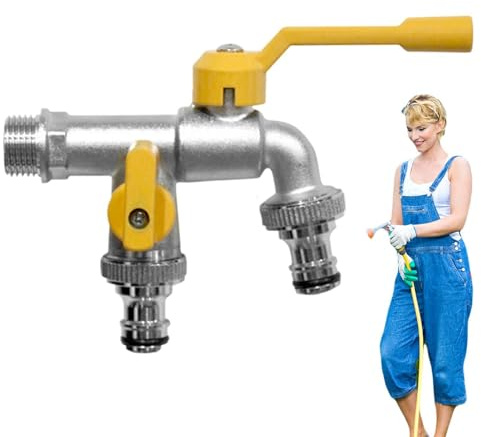 Wasserhahn Für Den Außenbereich – Messing Mit Doppeltem Wasserauslass, Hahnventil Mit Doppeltem Anschluss, Verrottungsbeständige Metallkonstruktion, Gleichmäßiges Durchflussverteilungssystem, Stabile