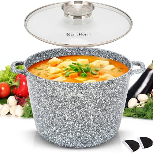 EliteHoff Non-stick panna med lock, aluminiumpanna för soppa, stor marmorpanna för induktion, induktionsgryta för alla typer av spisar (grå, 10 L Ø 28 cm)