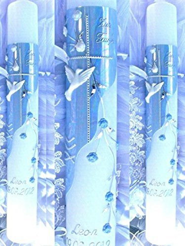 kerzenzauber-lusine Taufkerze Kommunionkerze 400/40 mm Hellblau-silber Baptism VT-27 inkl. Zubehör für selbstbeschriften