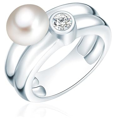Valero Pearls Damen Perlenring aus 925/- Sterling Silber mit Süßwasser-Zuchtperle Rund 8-9 mm weiß Zirkonia - Silberring breit Damenring