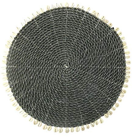 Artisal Tischset, Durchmesser 35 cm, aus geflochtenem Seegras und Muscheln, exotische Tischdekoration – Farbe Schwarz