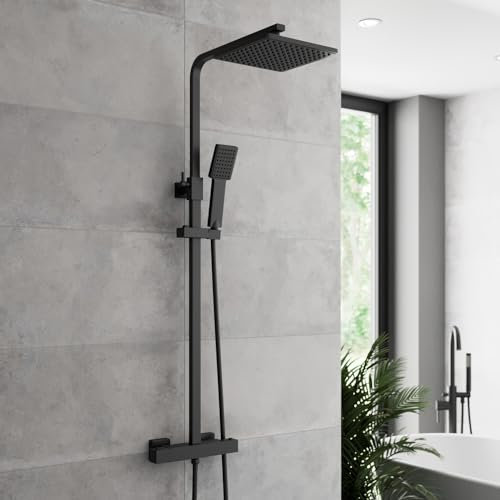 Architeckt® Thermostatic Shower Mixer Set with Rainfall Head Adjustable Riser Rail Handset and Hose Showers Thermostat Square, Matt Black