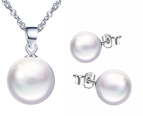 Yumilok 925 Sterling Silber Damen Halskette Kette mit Perlen Anhänger Ohrstecker Ohrringe Piercing Ohrhänger Schmuck Set für Frauen Mädchen