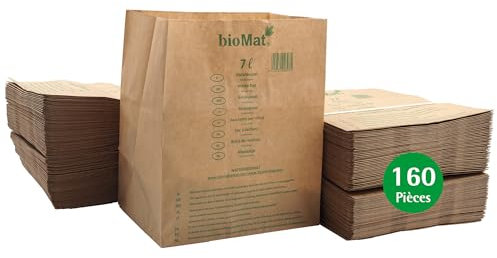 bioMat Kompostierbare 7l Biomülltüten aus Papier, 160 Biomüllbeutel aus Kraftpapier, Nassfest, Doppelter Boden, Made in Germany