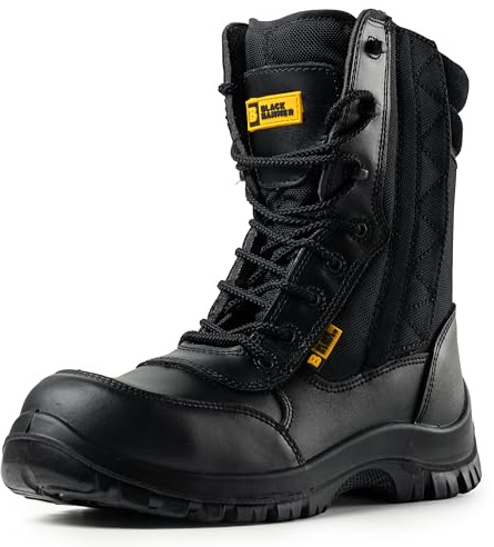 Black Hammer Mens Leather Composite Toe Cap Boot S2 SRC Waterproof Military Army Desert Combat Walking Safety Zip Up Work High Ankle 9999