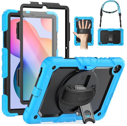 SEYMAC Funda para Samsung Galaxy Tab S6 Lite (10,4 2024-2020), Azul Claro | Funda Resistente con Protector de Pantalla, Soporte Giratorio de 360°, Correa de Mano y Hombro, Portalápices, Anticaídas