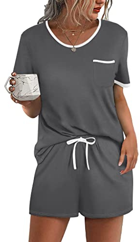 Ekouaer Pajama Set for Women 2 Piece Lounge Set Short Sleeve Tops and Shorts Soft Sleepwear, Chest Pocket Dark Gray