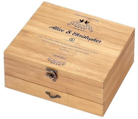 Maverton Weinöffner-Set personalisiert Weinset Sommelier Set - Geschenkbox Holzbox + 8er Weinzubehörset - aus Bambus - Braun - Geschenk Hochzeit Hochzeitstag Paar - Hochzeitswünsche