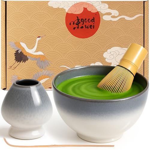 Goodwei Matcha Set komplett mit Matchabesen, Matcha Löffel und Matcha Schale aus Keramik mit Besenhalter im passenden Design | Kunstvoll gefertigte Teeschale Chawan (Kiri, 80)