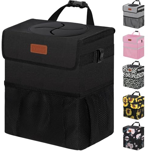 Vankor Car Trash Can Bin with Lid Hanging for Back Seat, Car Accessories for Women Men Leak Proof Automotive Garbage Cans Leakproof Vehicle Trash Can for Truck SUV Black
