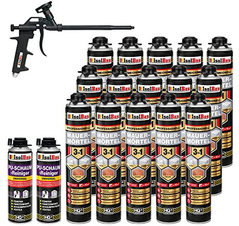 Isolbau Mauermörtel Set: 15x 750 ml PU-Mörtel 2x 500 ml Pistolenreiniger 1x Teflon Schaumpistole, PU-Reiniger, Montageschaum, Pistolenschaum
