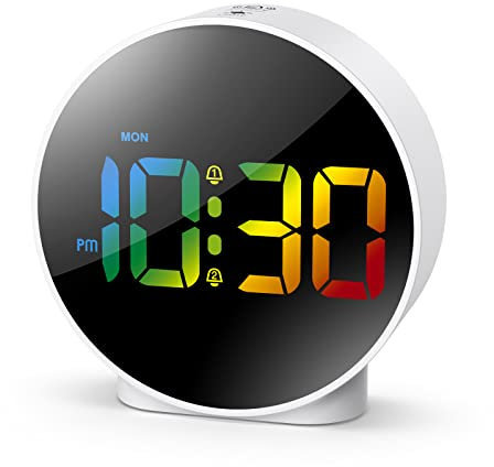 OQIMAX Newest Digital Alarm Clock, Alarm Clocks Bedside with Colorful Curved LED Display, Battery/USB Powered Digital Clock with Snooze, 4-Level Brightness, 2 Alarms, 12/24Hr for Heavy Sleepers Kids