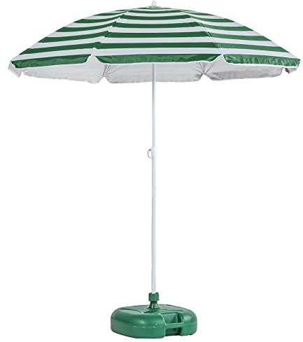 Harbour Housewares Green Striped Beach Parasol with Base - 1.74 x 1.93m - UPF 50+ Portable Garden Umbrella with Green Base Lightweight UV Sun Protection Umbrella for Picnics, Garden and Beach Days
