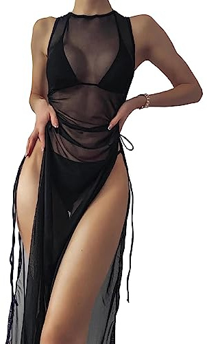 Women's Swimsuit Cover Up Mesh Maxi Dress Sheer High Split Bathing Suit Bikini Swimwear Cover Up Dress with Drawstring Black S