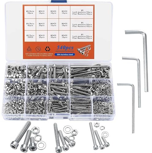 Hex Socket Head Cap Screws Nuts and Bolts and Washers Set, 540 Pcs M3 M4 M5 Hex Head Bolts and Nuts and Washers, Stainless Steel Machine Screw Bolt Nut Assortment Kit