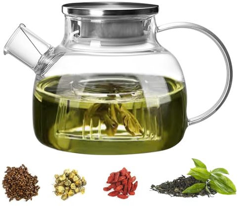 Nutabevr 1L Teiera Vetro Borosilicato con Filtro in Filtro in Acciaio Inox Coil Removibile, caraffa in Vetro, teiera in Vetro Compatibile con Fornelli, per tè, Tisane, caffè, Sfuso Infusiera