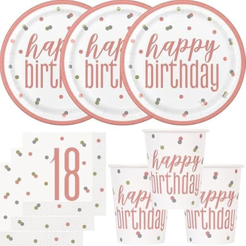 Playflip 18. Geburtstag Partyset Einweggeschirr roségold 48 TLG. Partygeschirr Teller Becher Servietten