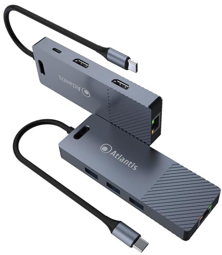 ATLANTIS A04-TC_DK48 Docking Station DUAL DISPLAY USB C (Type C) a HDMI 4K, Duppia Uscita HDMI, Ethernet RJ45 Gigabit, 3 USB 3.0, 1 PD-85W. Cavo 18 cm. Compatibile con tutti Notebook.
