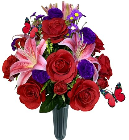 Saxili Artificial Cemetery Flowers with Vase, Artificial Rose Lily Carnation Bouquet, Graveyard Memorial Flowers for Cemetery Headstones Decoration