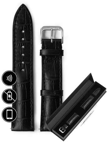 INVIS Smartstrap LOUISIANA Schwarz 22 mm – Uhrenarmband mit NFC-Kontaktloszahlung | Kalbsleder | Krokodilprägung | Krokodilprägung | Zertifiziert von Mastercard & Visa | Länge: 114/82 mm