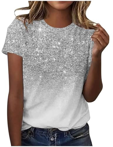 Bluse Damen Lustige Glitzer Druck Tshirt Pailletten Muster Oberteile Sommer T-Shirt Kurzarm Pullover Rundhals Shirt Locker Tops Leicht Pulli Bequem T-Shirts für Frauen Streetwear Longbluse