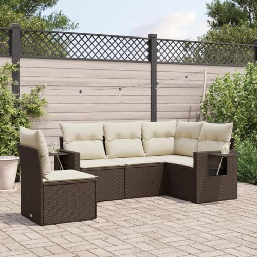 Rantry 5-TLG. Trädgårdssoffa set med kudde, trädgårdslounge, trädgårdsmöbler, loungesoffa, balkongmöbler, hörnsoffa, hörnlounge, sittgrupp, loungemöbler för trädgård, terrass och balkong, brun, poly
