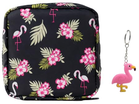 DHSBGWSX 1 Flamingo-Tasche, 1 Flamingo-Schlüsselanhänger, süße Cartoon-Aufbewahrungstasche für Damenbinden, Menstruationstasche, Mehrzweck-Aufbewahrungstasche, Schwarz/Pink
