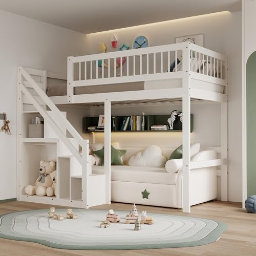 Kayan Kinderhochbett 90x200 cm, Etagenbett mit Treppe und Stauschrank, Multifunktionsbett Einzelbett Stockbett Spielbett Kinderbett, Jugendbett, Massivholzrahmen, ohne Matratze (Weiß, 90x200 cm)