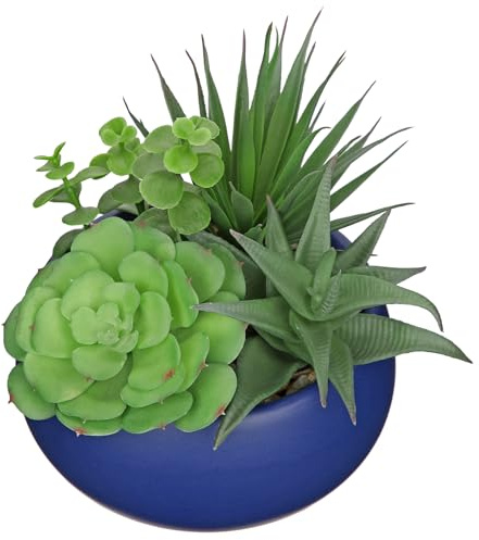 Arborus Plantas suculentas artificiales de 17 cm en maceta de cerámica azul, plantas artificiales realistas en macetas para alféizar de ventana, oficina, mesa, hogar, baño, sala de estar