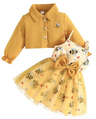 Yanmucy Conjunto de vestido y abrigo para bebé, 2 piezas, vestido de tutú con estampado de abeja, manga larga, chaqueta de punto para bebé, ropa de niña (Abeja, 18-24 Meses)