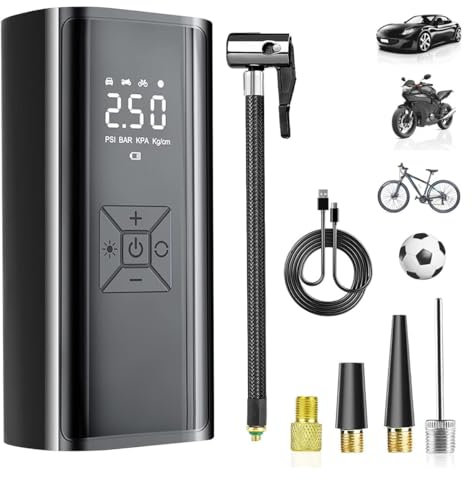 NatuurGenoot® Elektrisk cykelpump, bärbar luftkompressor, 6 000 mAh batteri, powerbank-funktion, trådlös, cykel-bil-motorcykel-boll-luftmadrass, svart
