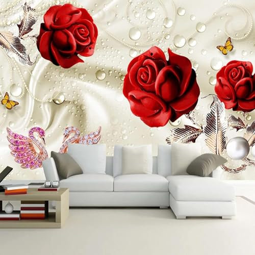 Tzxztt Red Roses Butterflies Modern 3D Wallpaper Embossed Silk Neutral Tones Material Ideal for Living Room Bedroom-300cm×210cm