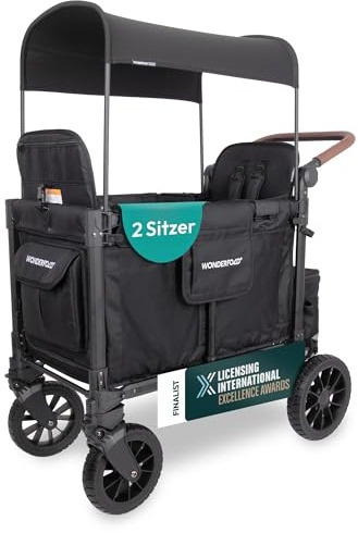 WONDERFOLD W2 Luxe Pro barnvagn (2-sits) – hopfällbar vagn med säten med 5-punkts säkerhetsselear och justerbart soltak, kolsvart