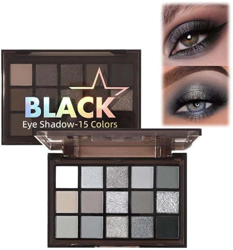 FresFresi Glitter & Matte Black Eyeshadow Palette - 15 Shades Smokey Black, Silver, Gray, and White - Long-Lasting and Highly-Pigmented Makeup Kit for Women