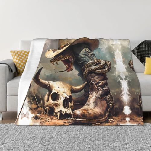 Throw Blanket for Couch, Western Cowboy Snake Ram Skull Soft Fuzzy Comfy Warm Throw Blanket, Lightweight Cozy Plush Flannel Blanket & Throws for Sofa Bed All Season Use 80x60 inch