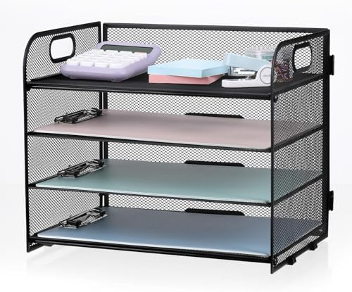 LATERN 4 Niveaux Organisateur de Bac à Courrier en Maille Métallique, 32CM x 28CM x 24CM Organiseur de Dossiers Coulissant en Maille avec Poignée pour Livres Notes Papier Maison Bureau École Organiser