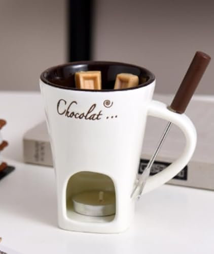 Gwezmxs Fondue de Chocolate Taza con Tenedor, Blanco Cerámica Chocolate Fondue Vaso, Fondue de Queso, Fondue Mug