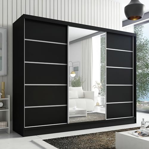 A&J MöbelLand Kleiderschrank Aurelia 1 – Schwebetürenschrank 200 cm breit mit Spiegel, 3-türig, Kleiderschrank mit Schubladen, Schiebetürenschrank für Schlafzimmer oder Garderobe