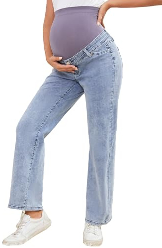 JIMYICLR Jeans premaman da donna, gamba dritta sopra la pancia, elasticizzati, pantaloni in denim per gravidanza, comodi, pantaloni premaman con tasche, Azzurro chiaro, L