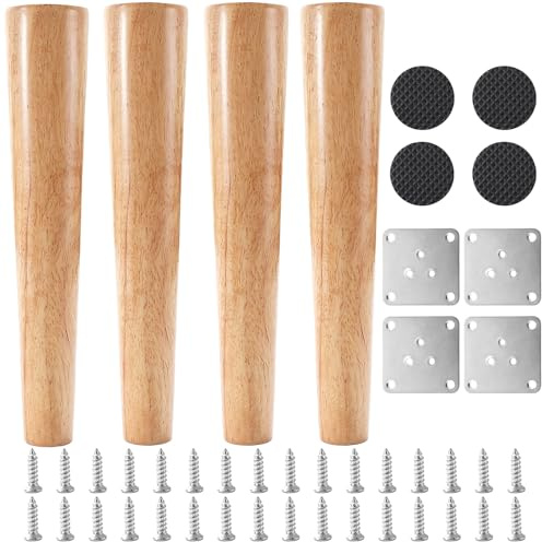 4 Pcs 40cm Wooden Furniture Legs, Solid Wood Sofa Replacement Feet with Metal Mounting Plates & Screws for Cabinet, Bed, Chair, Sofa, Dresser, Table, TV Stand - Natural Finish, Sturdy & Durable