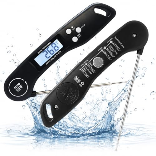 ENGINESS Digital Meat Thermometer, Instant Read Food Thermometer with Backlight LCD Screen, Foldable Long Probe & Auto On/Off, Perfect for Kitchen, BBQ, Water,Meat, Milk, Cooking Food (Black)
