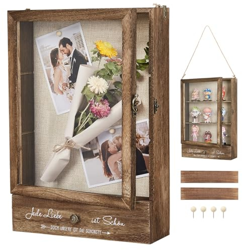 AW BRIDAL Tiefe Vitrine für Erinnerungen, Ideal als Hochzeitsdeko, Einzugsgeschenk oder Wohnaccessoire, Groß Schaukasten Mit Abnehmb. Fächern & Schublade + Sammelschlitz