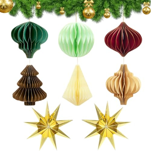 Weihnachten Baumschmuck Papier, 8er Weihnachten Hängende, Weihnachtsbaum Weihnachtsdeko Set mit Gold Papiersterne und Glitzerrand Papier Ornamente für Weihnachtsfeiern, Christbaumschmuck