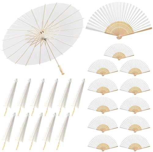 Hestya 12 White Paper Parasol 60 cm and 12 Wedding Fan Vintage Oiled Paper Japanese Umbrellas Bamboo Folding Hand Held Fan for Wedding Bridal Gift Party Favor Wall Church DIY Painting Decorative