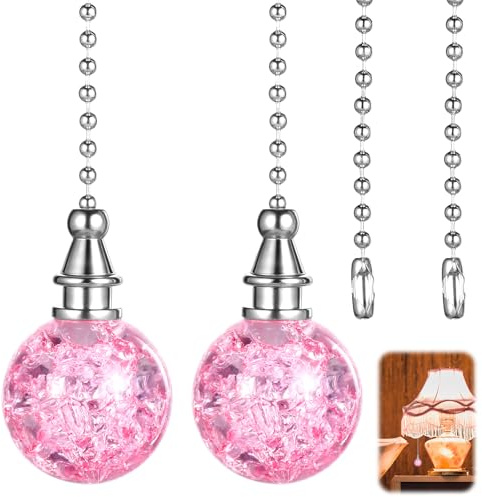 2 Pack Crystal Ceiling Fan Pull Chain, Decorative Beaded Ball Extender Fan Cord Extension Chain, 9.6 Long Pink Vintage Diamond Pendant String Ceiling Ornament for Lamp, Light, Bathroom Fans